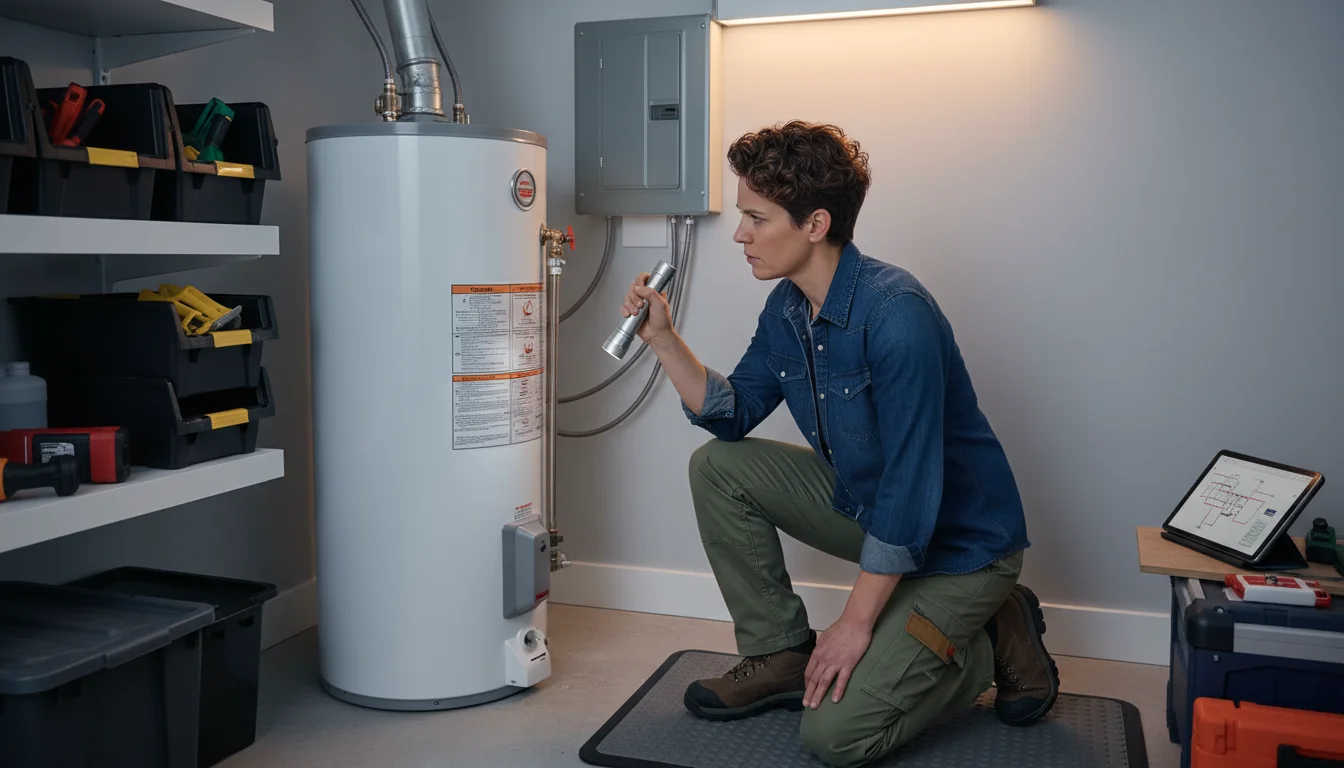 A homeowner inspecting a water heater in a clean utility space, with a simple maintenance log visible nearby.
