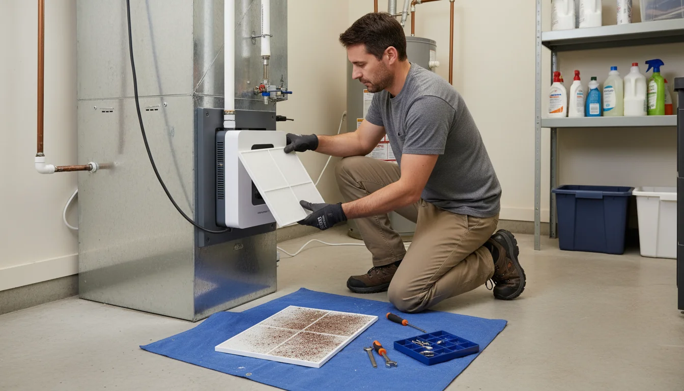 A homeowner kneels beside a furnace, carefully installing a new, clean humidifier water panel. An old, mineral-stained panel rests on a cloth nearby.