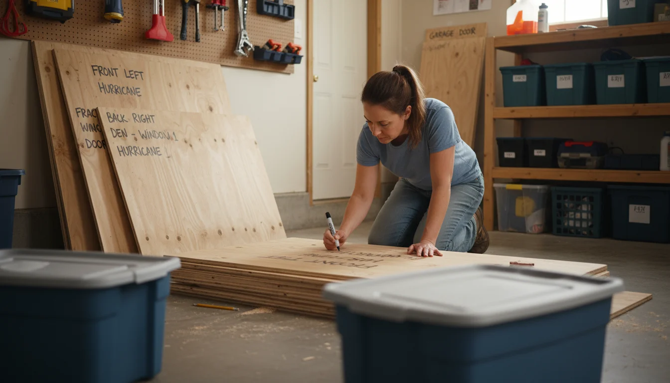 A homeowner kneels in a garage, labeling a piece of plywood for a window, with stacks of labeled plywood and water containers nearby.