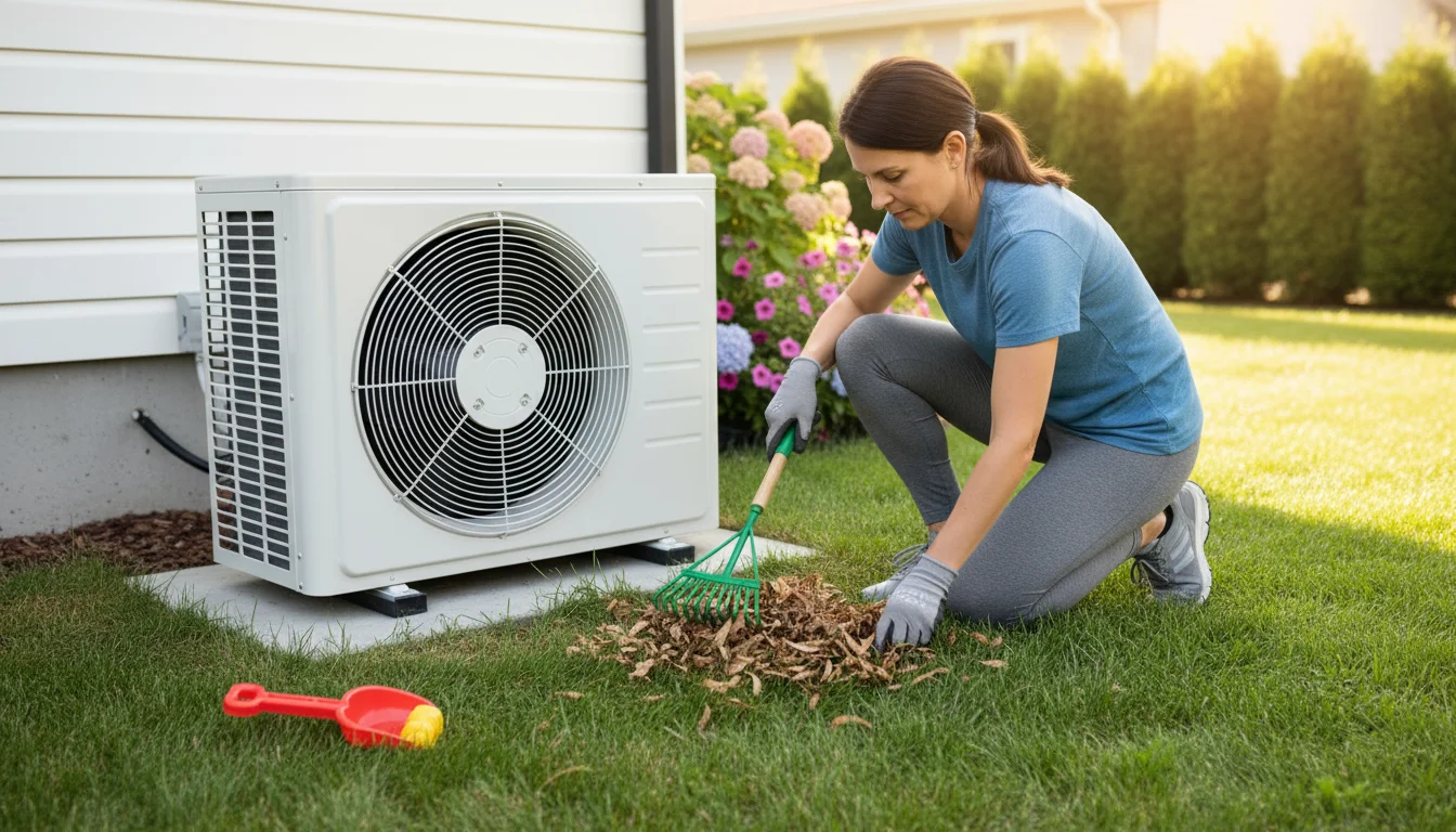 A homeowner kneels in a sunny backyard, clearing leaves and grass from around an outdoor AC unit.