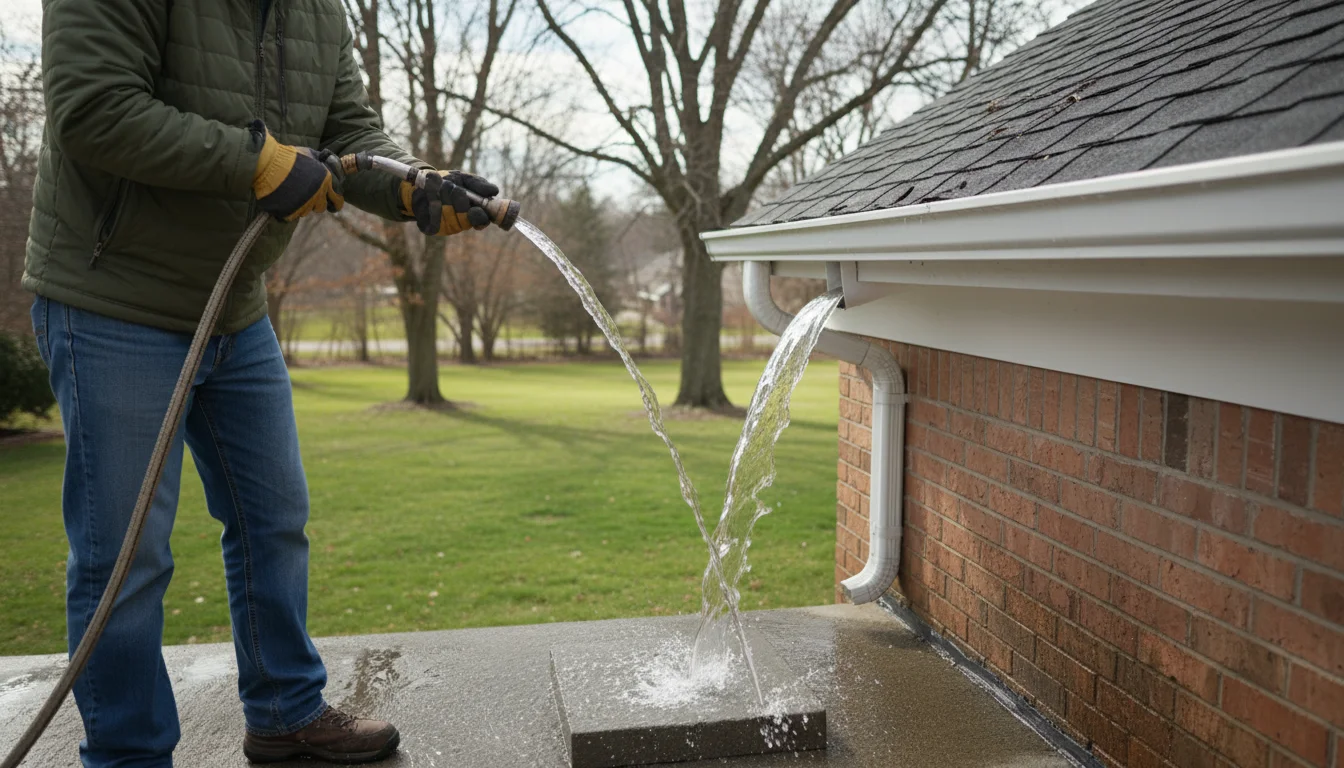 Homeowner on a ladder, flushing clean gutters with a garden hose, clear water flowing freely from the downspout.