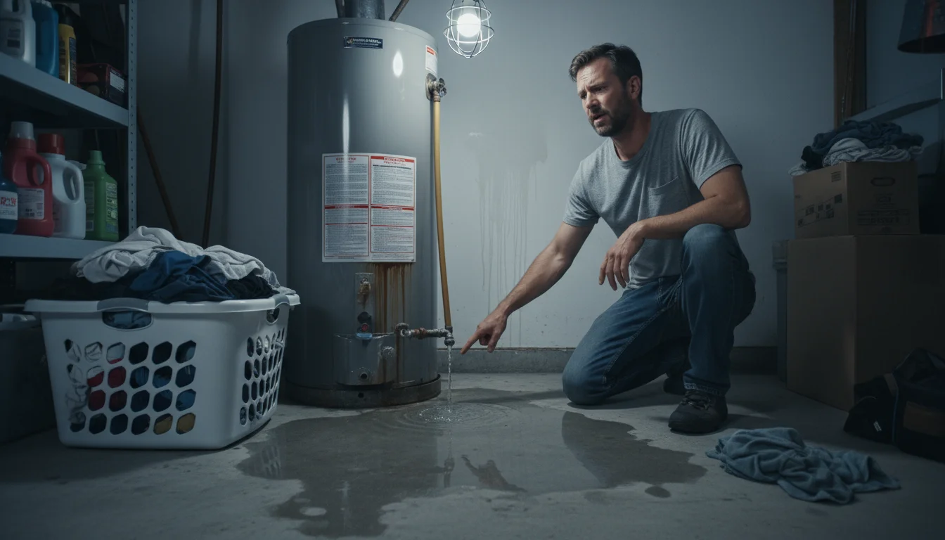 A homeowner looks concerned at a puddle of water pooling around the base of a water heater in a utility room.