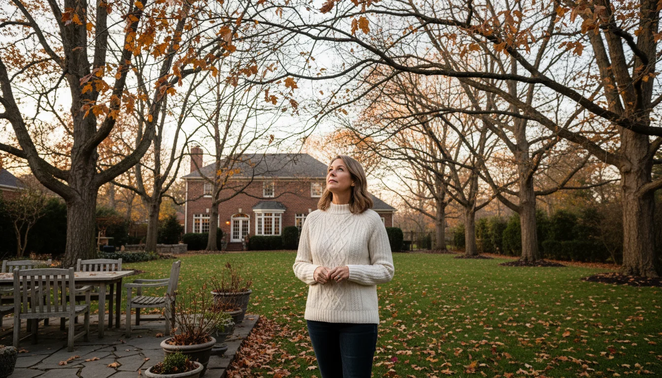 A homeowner looks up at their home and surrounding trees in a transitional season, observing the gutters.