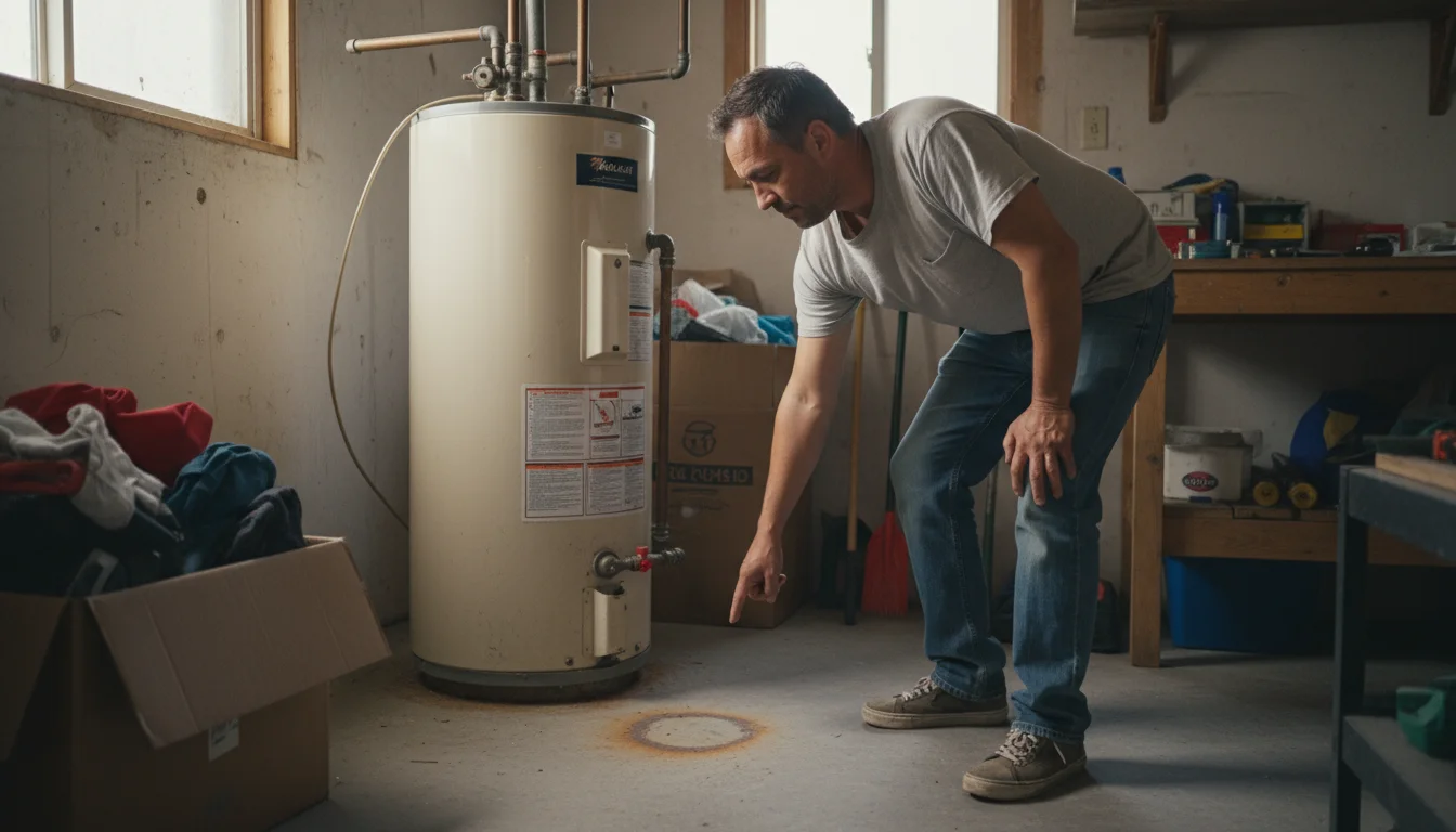 Homeowner points at a subtle damp spot and rust stain near a water heater base on a concrete floor.