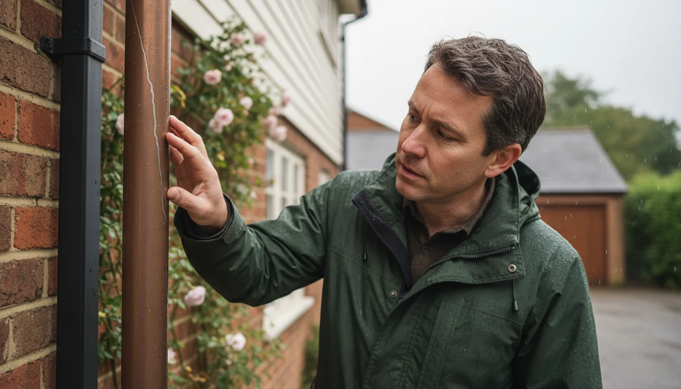 A homeowner in a practical jacket gently touches a downspout with a faint water streak, intently investigating a leak during light rain.