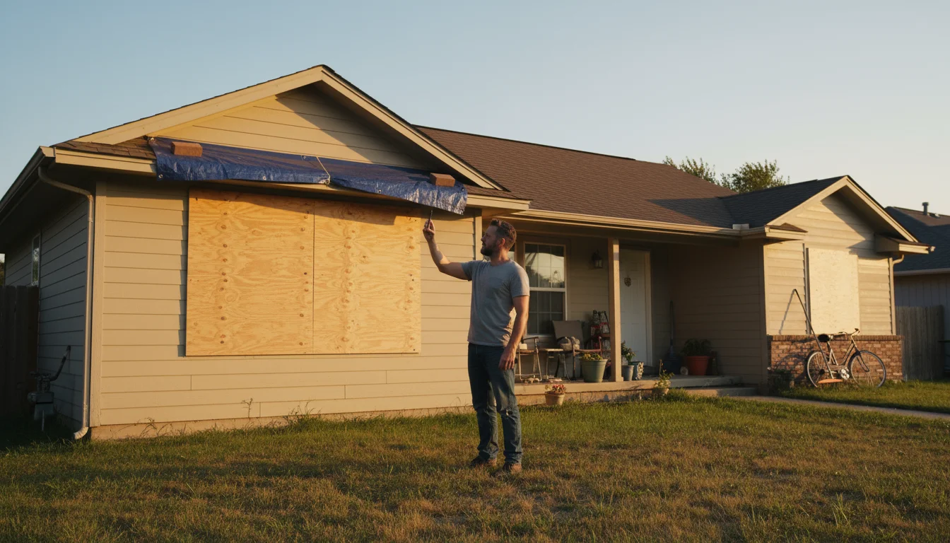 A homeowner stands outside their house after a storm, photographing a boarded-up window and tarped roof with their smartphone.