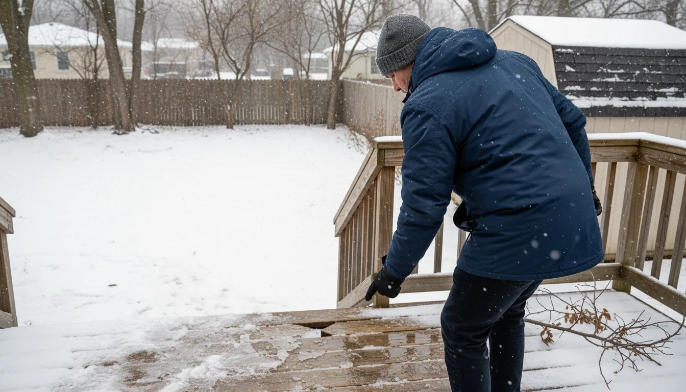 A homeowner in winter clothing inspects a snow-dusted wooden deck with patches of ice and a small fallen branch after a storm.