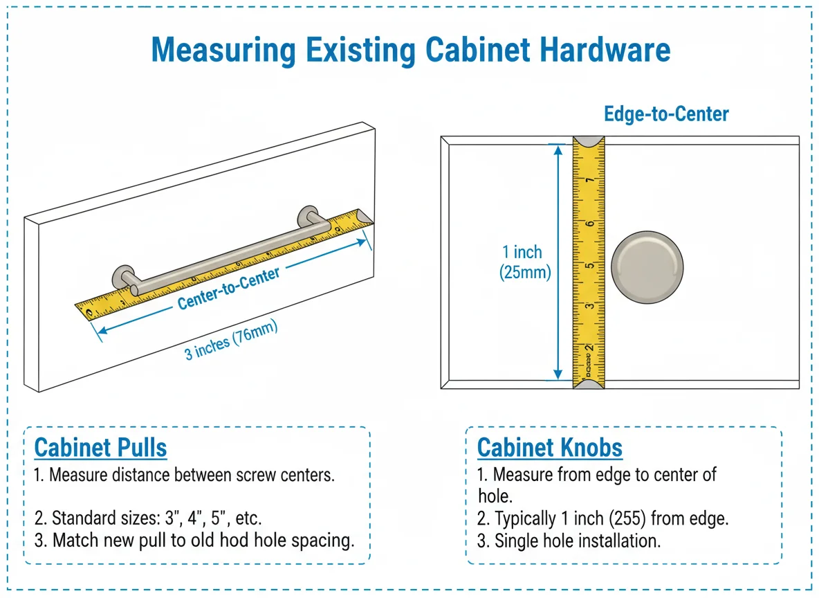 Diagram showing how to measure kitchen cabinet hardware, including center-to-center for pulls and single hole for knobs.
