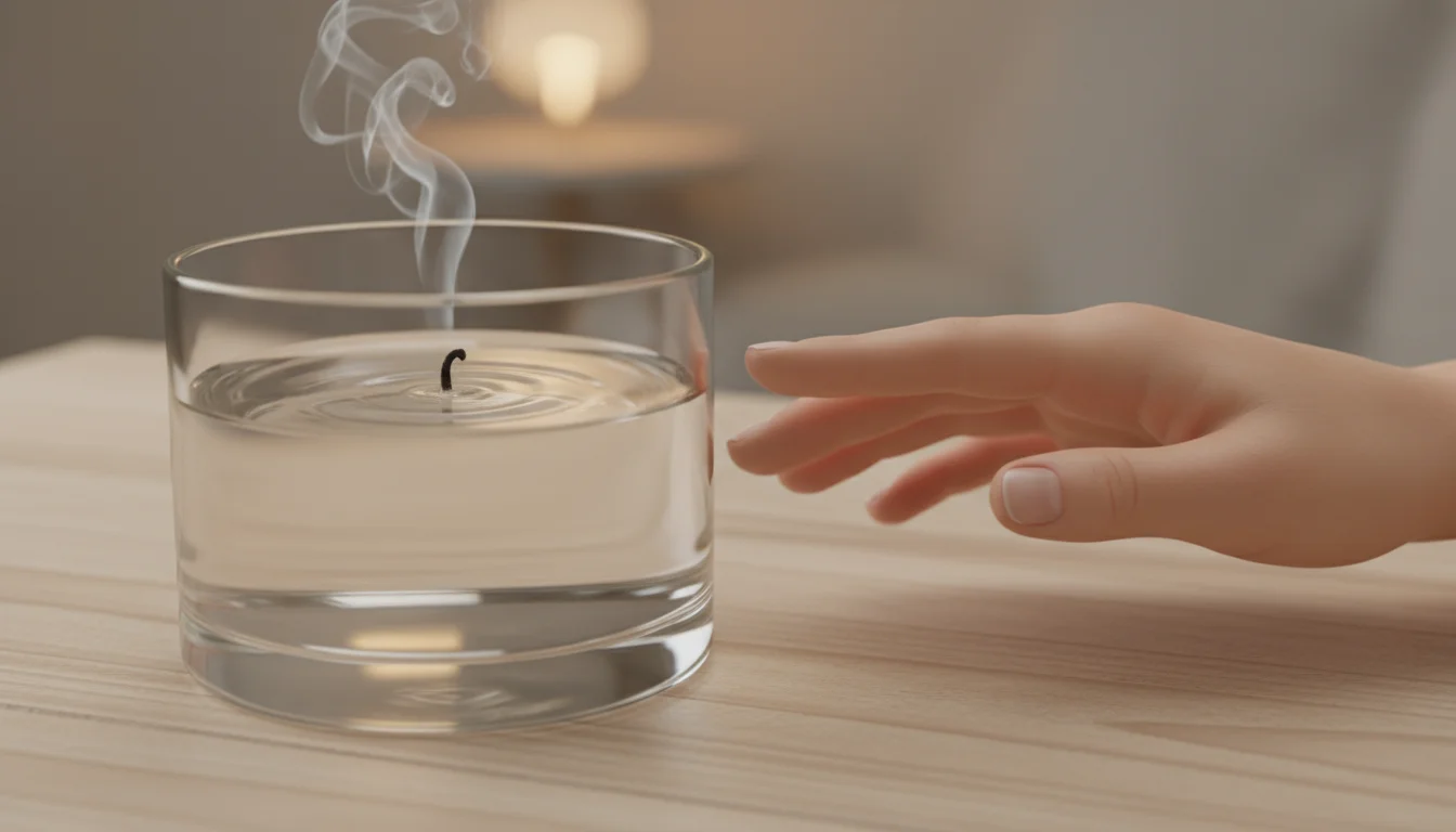 A human hand hovers gently above an extinguished glass jar candle, checking if its container is cool enough after burning.