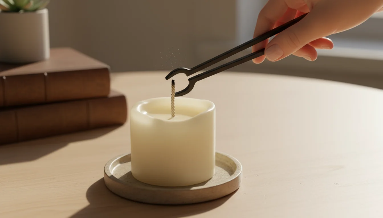 A human hand with natural nails uses black wick trimmers to snip a charred cotton wick on a white pillar candle.