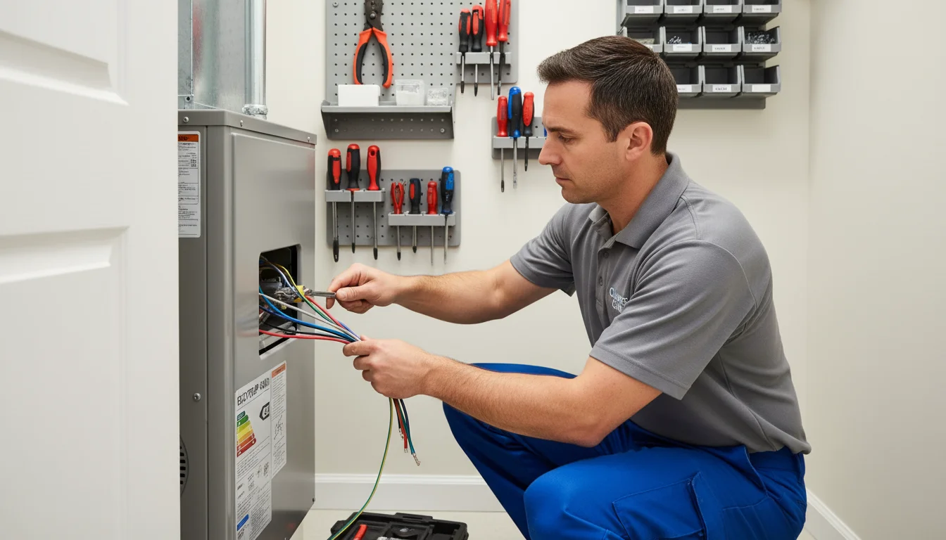 HVAC technician carefully connects wiring to an indoor furnace unit in a clean utility closet.