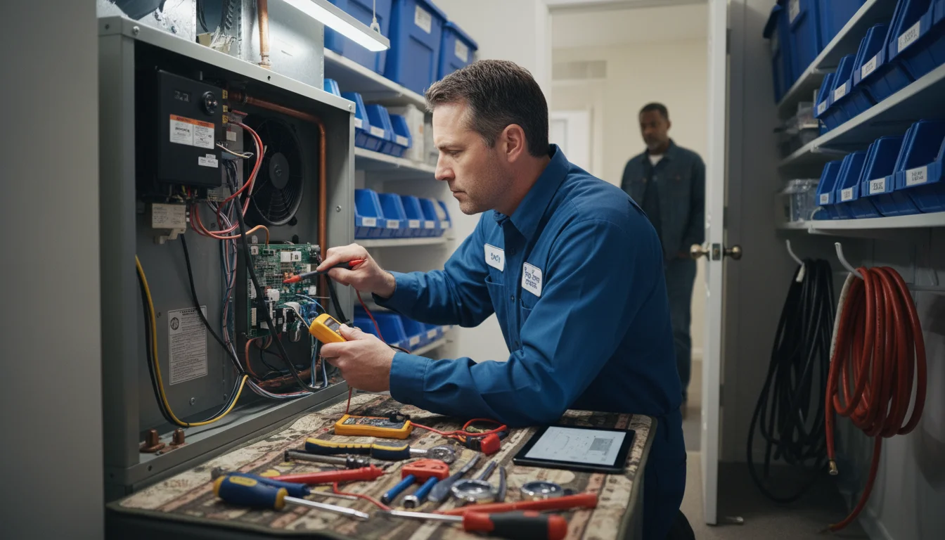 HVAC technician inspects internal air handler components in a tidy utility closet. A homeowner watches from the background.