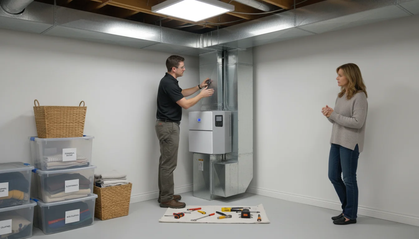 An HVAC technician installs a whole-house humidifier into ductwork in a tidy basement, observed by a homeowner.