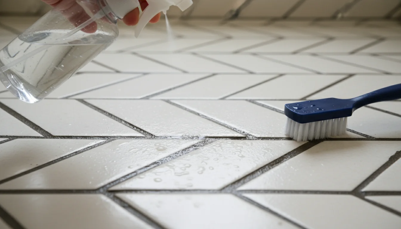 Close-up of hydrogen peroxide being sprayed from a clear bottle onto dark grout lines on light bathroom tiles. A small scrub brush is nearby.
