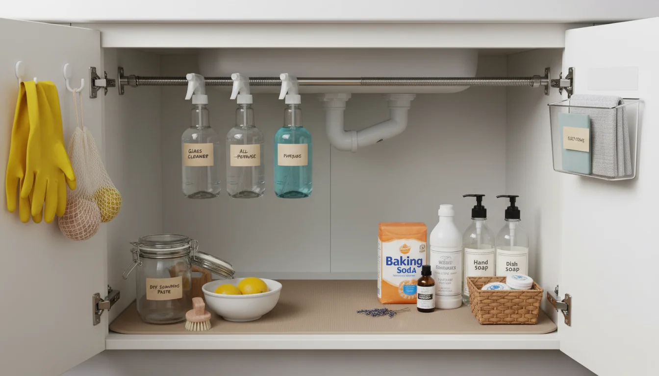 Inside a kitchen cabinet under the sink, showing practical organization with a tension rod for spray bottles, Command hooks for gloves and sponges, an