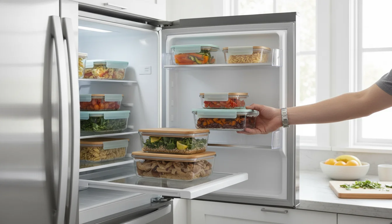 Inside an open refrigerator, clear glass containers with colorful meal-prepped food are neatly arranged on a shelf as a hand reaches in.