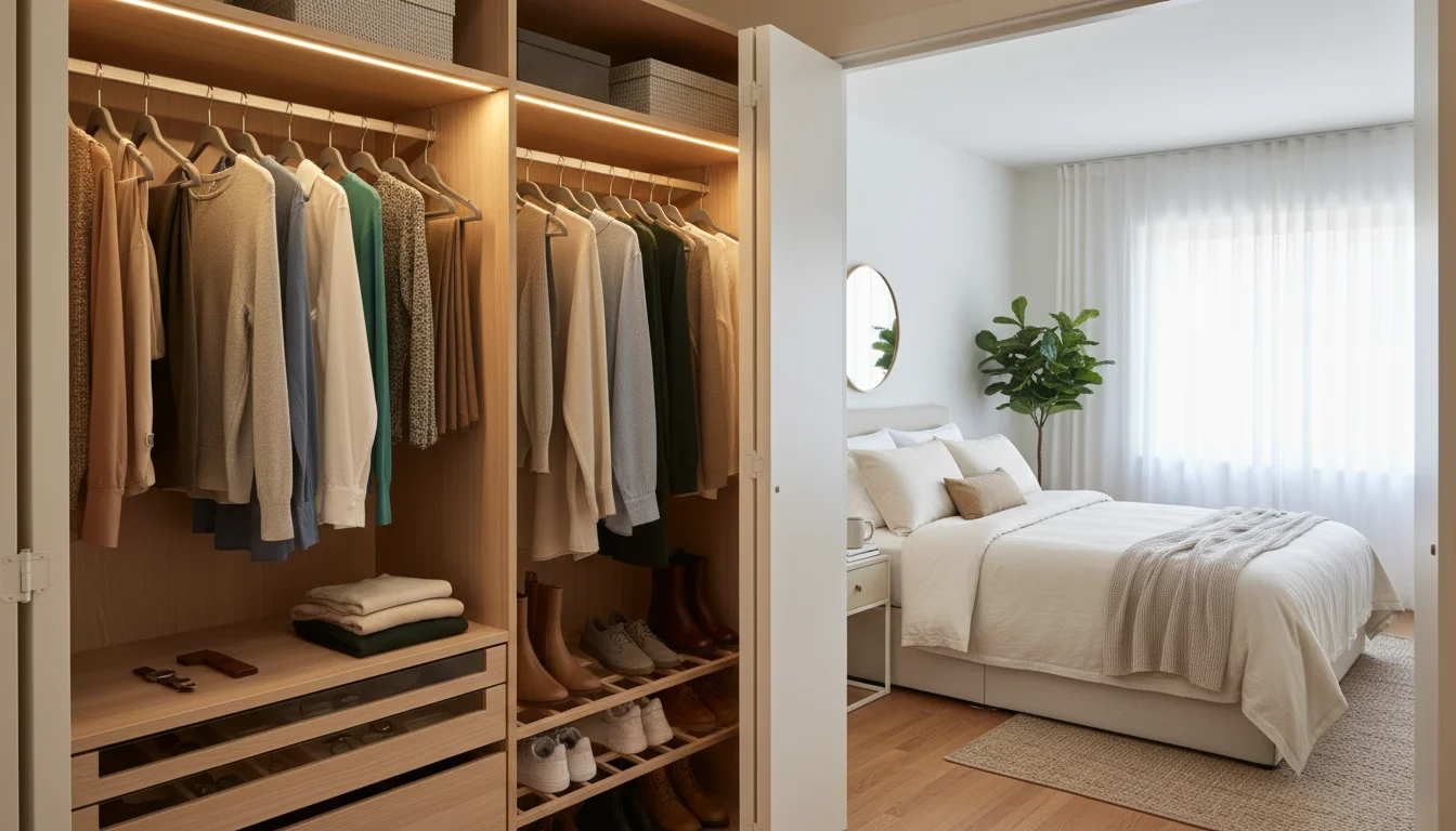 View from inside a small, well-organized closet showing slim hangers, folded clothes on shelves with dividers, and a drawer unit.