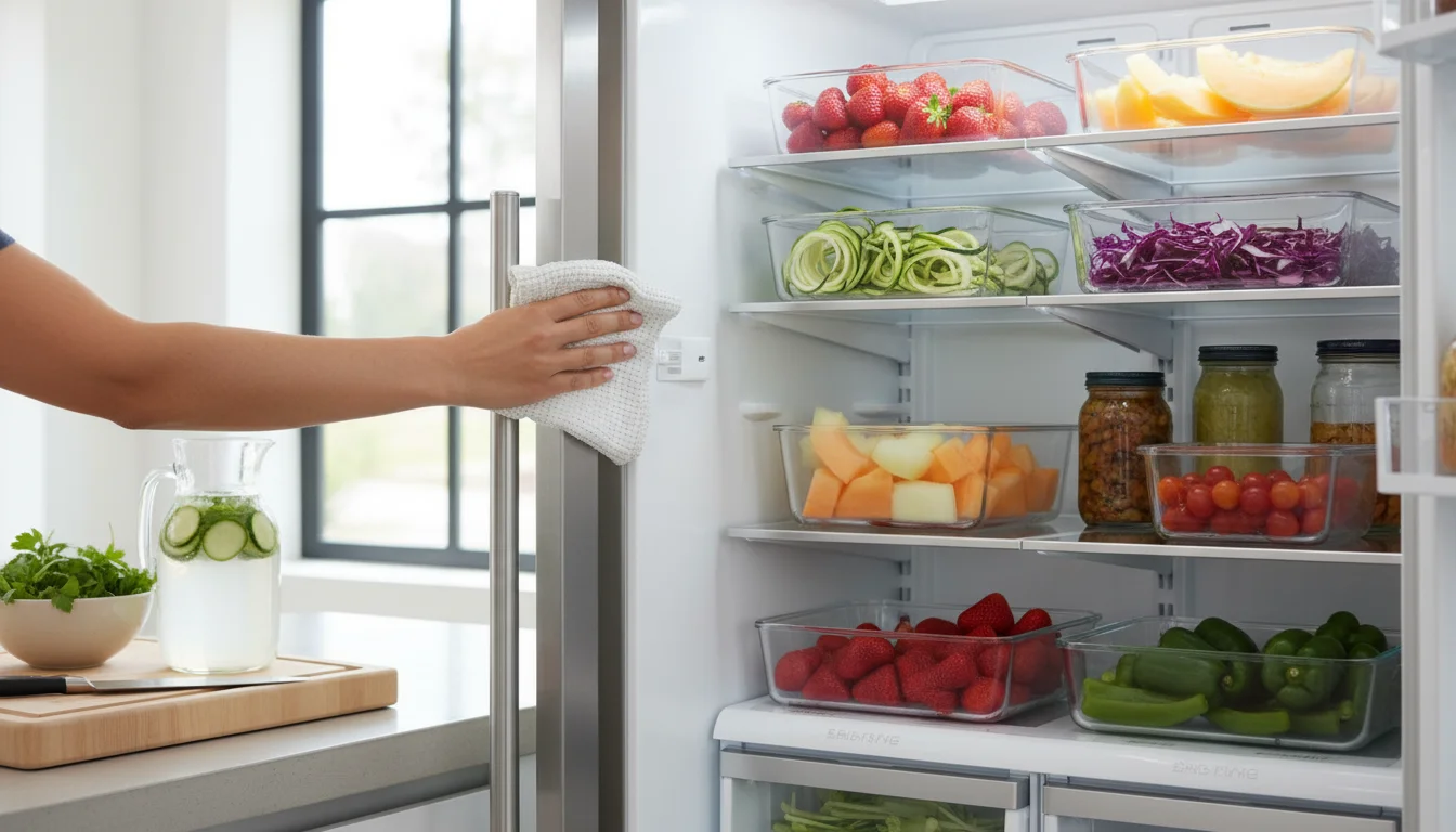 Inside a sparkling clean and organized refrigerator with clear glass containers of fresh produce, and a hand wiping a door seal.