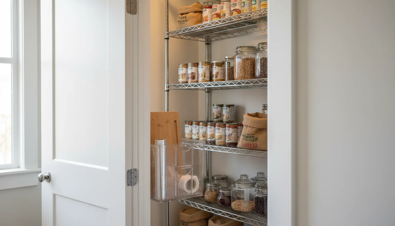 Inside a tidy kitchen pantry with the door ajar, showing a clear organizer with wraps and a cutting board, and wire shelves with food.