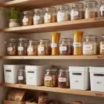 Inside a well-lit kitchen pantry, clear containers and shelves are neatly organized with simple, visible labels for various food items.