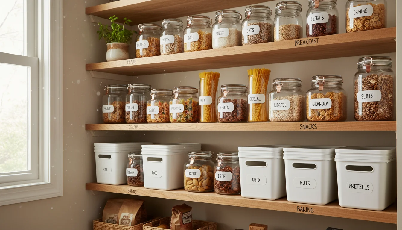 Inside a well-lit kitchen pantry, clear containers and shelves are neatly organized with simple, visible labels for various food items.