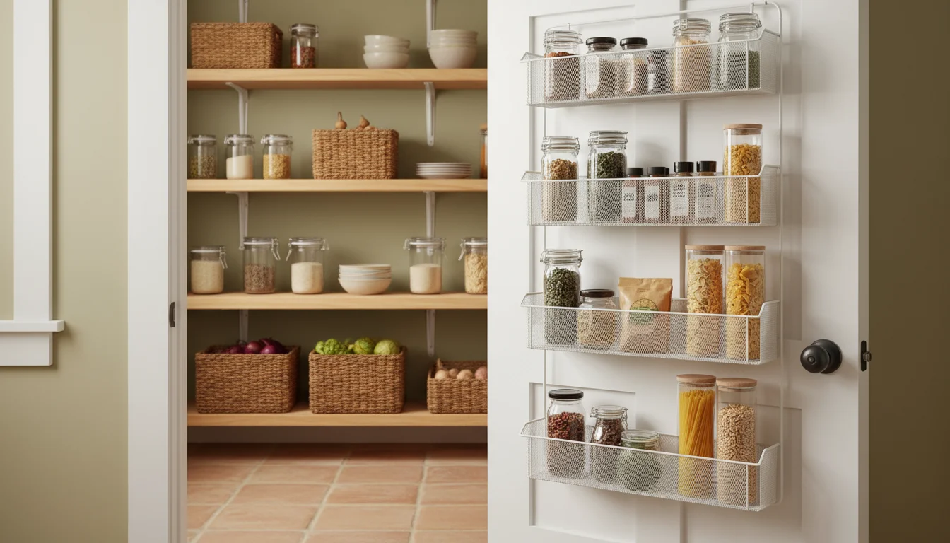 Inside view of a white pantry door fitted with a multi-tiered wire organizer, holding spices, baking extracts, foil, plastic wrap, and individual snac