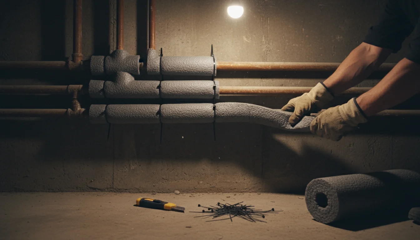 Close-up of insulated basement pipes. One section is covered with gray foam, another awaits. Hands in work gloves prepare to apply more insulation, wi