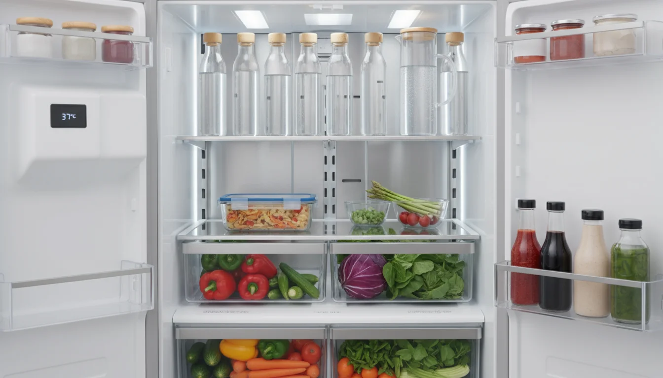Interior of an open, organized refrigerator with water bottles filling empty space and a covered, cooled container of leftovers.