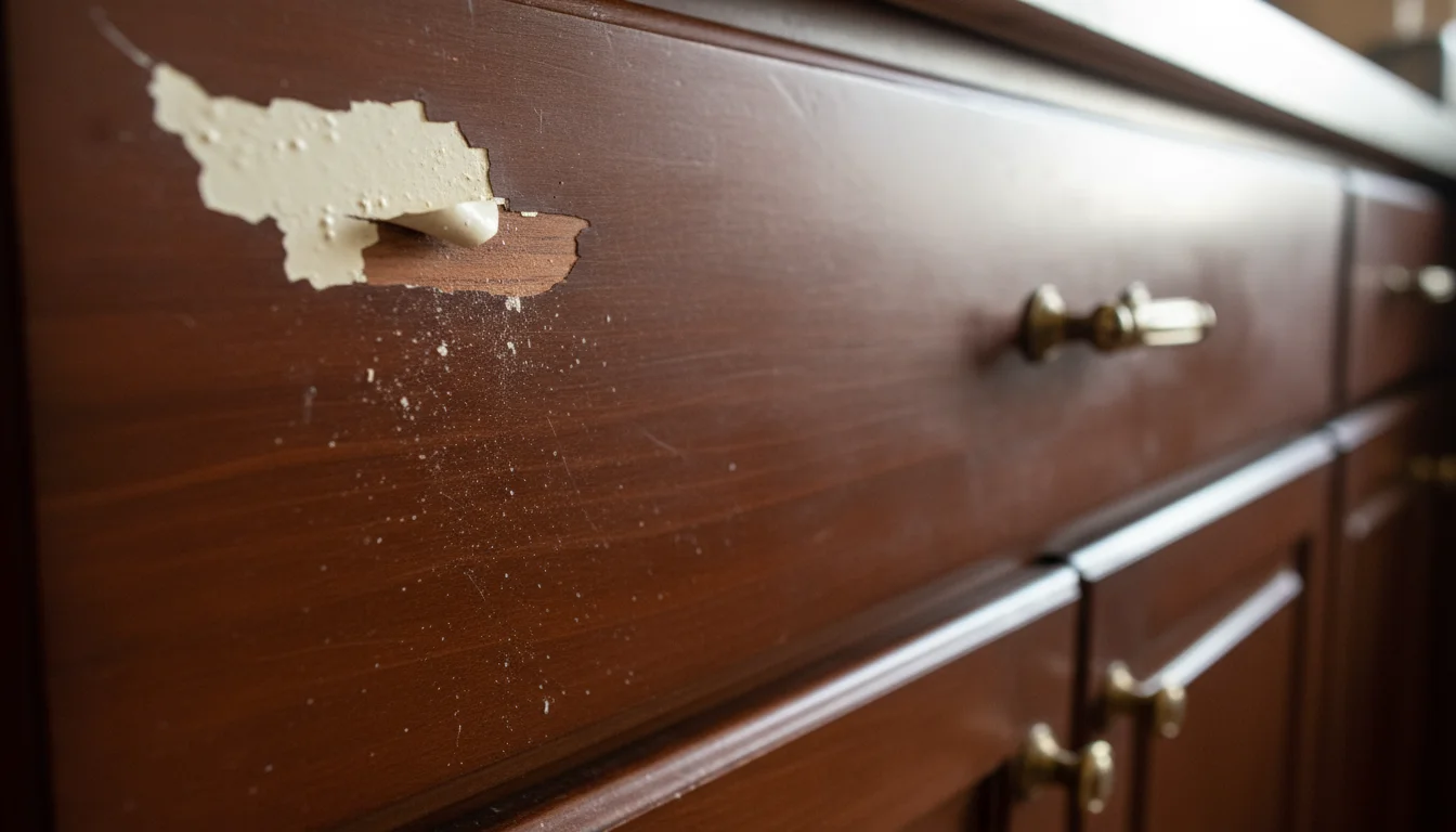 Close-up of a kitchen cabinet door with a section of paint peeling and flaking, revealing the glossy original surface beneath.