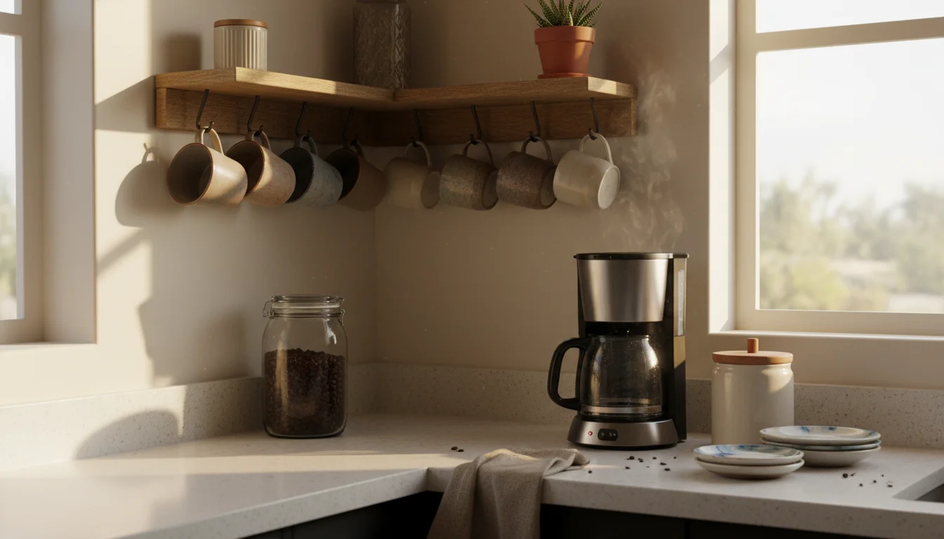 A kitchen corner with floating wooden shelves holding mugs and coffee supplies, above a coffee maker on a speckled counter.