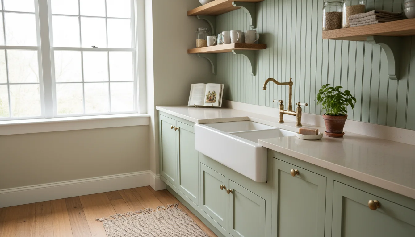 Kitchen corner with light sage green beadboard backsplash behind a farmhouse sink. A soap dish and small herb plant sit on the counter.
