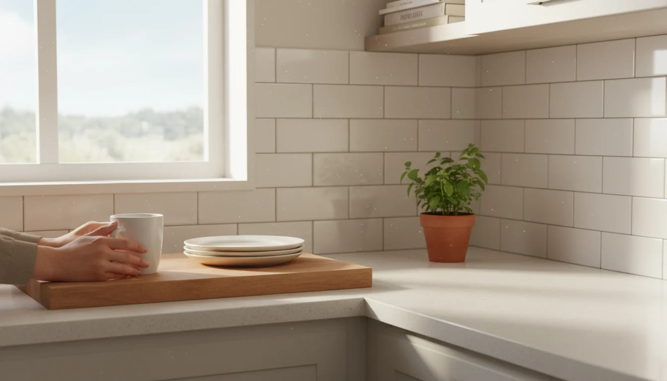 Kitchen corner with white peel and stick subway tile backsplash, wood board, potted herb, and hand holding coffee mug.