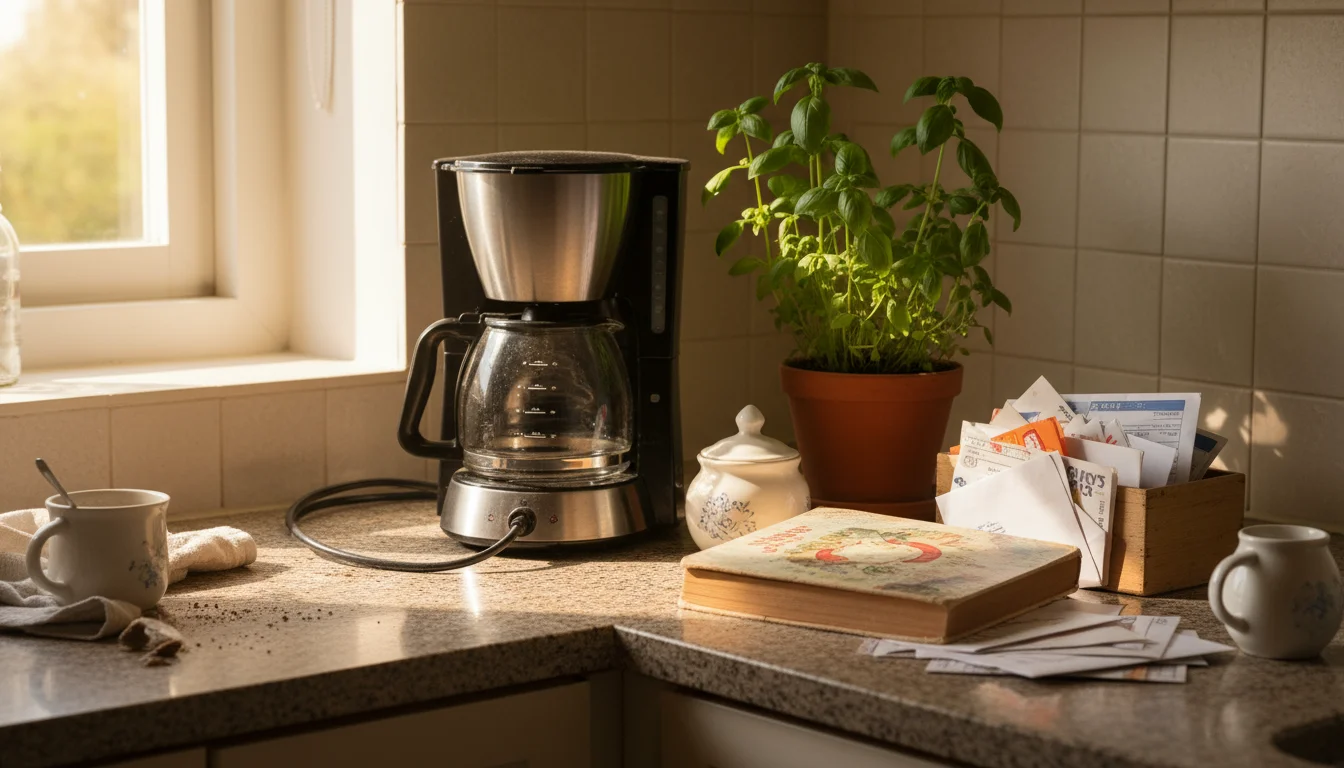 A kitchen counter corner with a coffee maker, mail, cookbook, and a potted herb, looking a bit crowded.