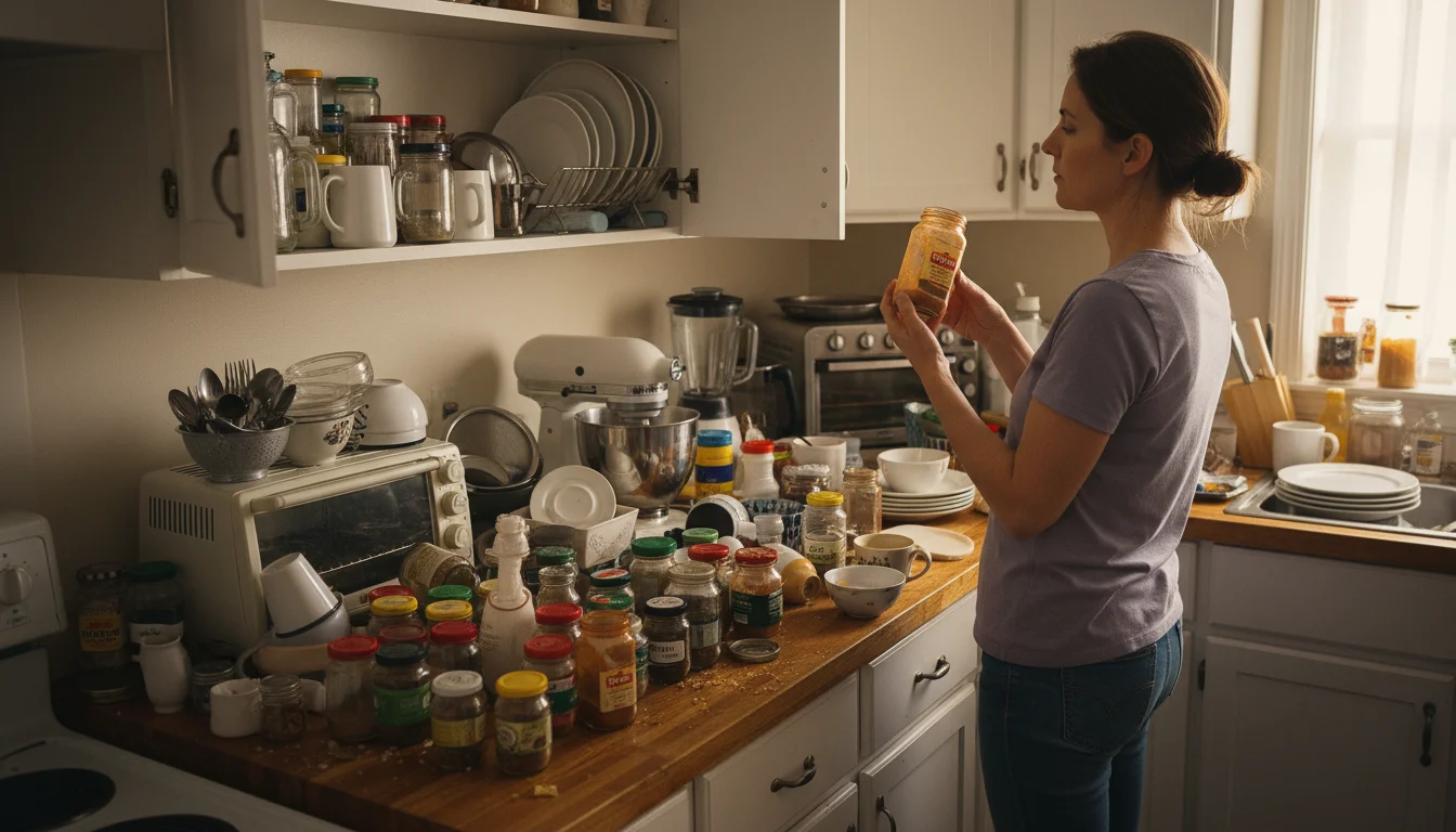 Slightly overhead shot of a kitchen counter covered in various items pulled from cabinets; a woman thoughtfully inspects a spice jar next to an open, 