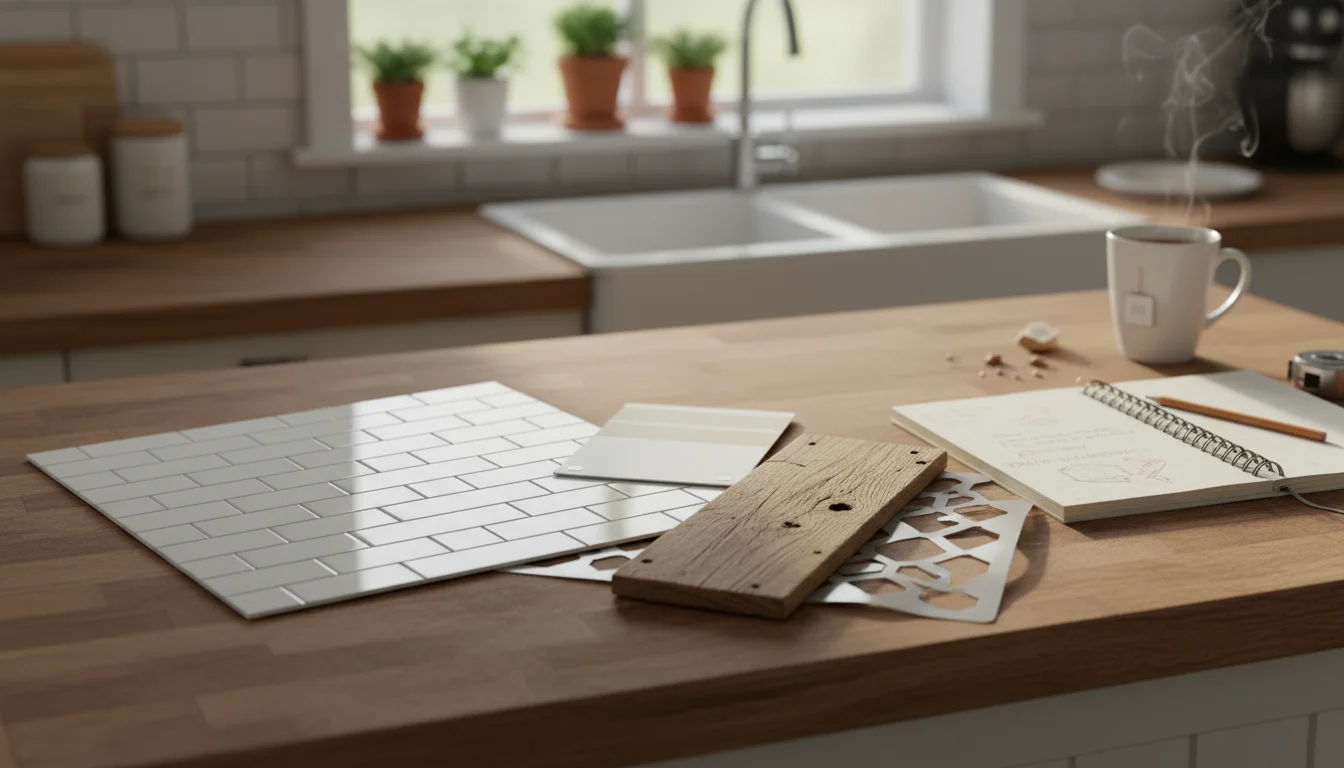 Kitchen counter with DIY backsplash planning materials: peel-and-stick tile, paint swatch, wood sample, stencil, notebook with budget notes, and calcu