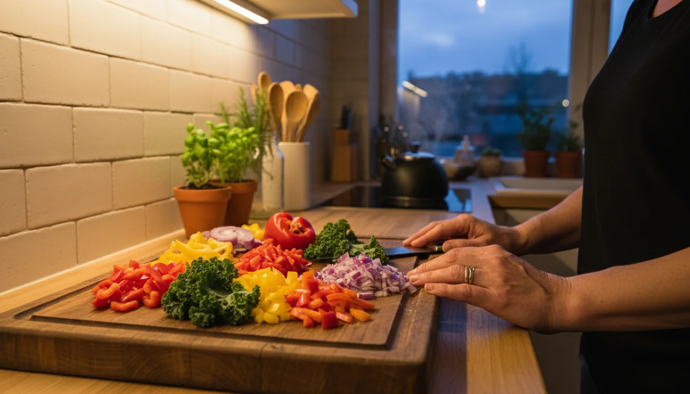 Kitchen counter at dusk with under-cabinet lights illuminating chopped vegetables on a cutting board; a hand is visible.