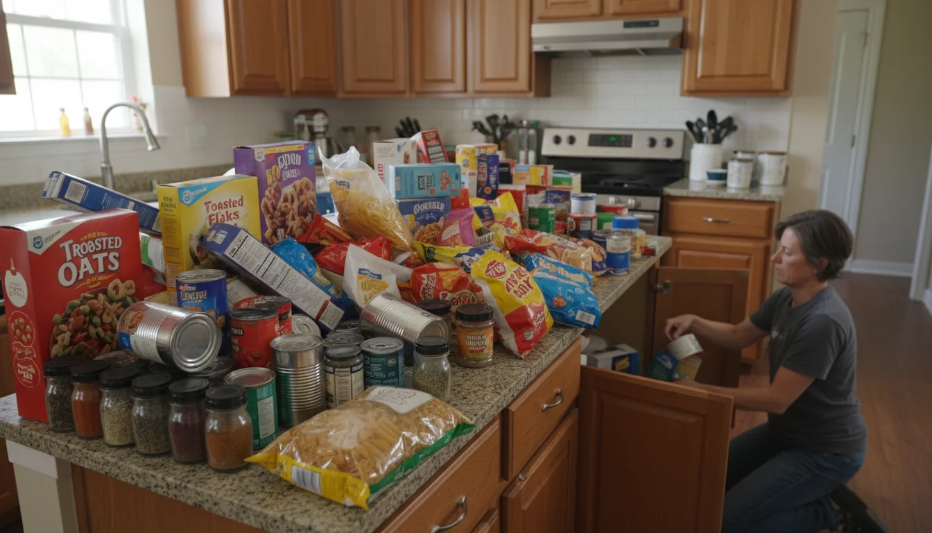 A kitchen counter is overwhelmed with pantry items like cans, boxes, and jars. A person wipes down empty pantry shelves in the background.