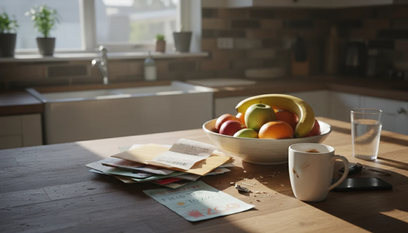 A kitchen counter with scattered mail, bills, school papers, and newspaper, showing common everyday paper accumulation.