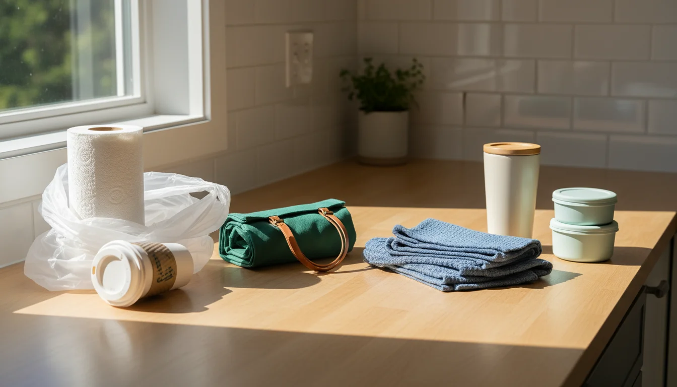 A kitchen counter showing a visual contrast between single-use items like paper towels and plastic bags, and reusable alternatives.