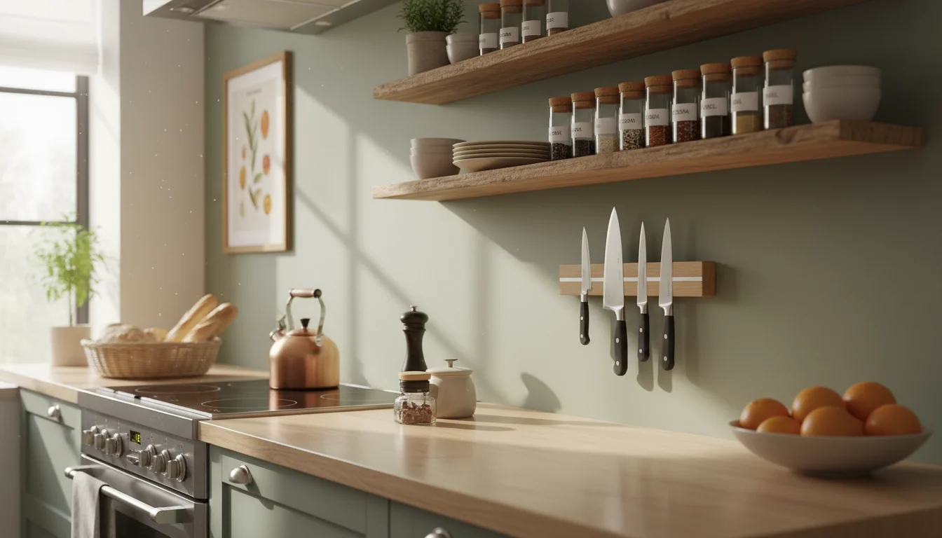 Kitchen counter wall featuring a wooden magnetic knife strip with knives, floating shelves holding spice jars, cookbooks, and a herb plant, plus a whi