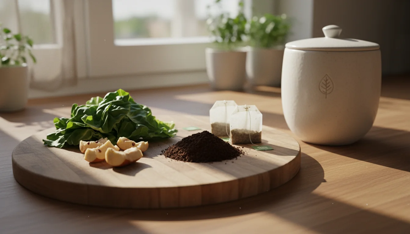 Kitchen counter with a wooden board holding vegetable scraps, coffee grounds, and tea bags being swept into a ceramic compost crock.