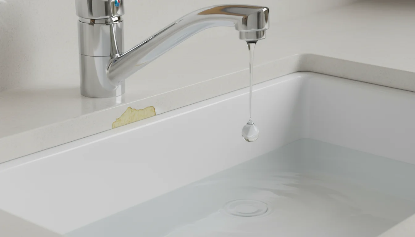 A close-up of a kitchen faucet dripping water into a sink, with a faint water stain visible on the cabinet base below.