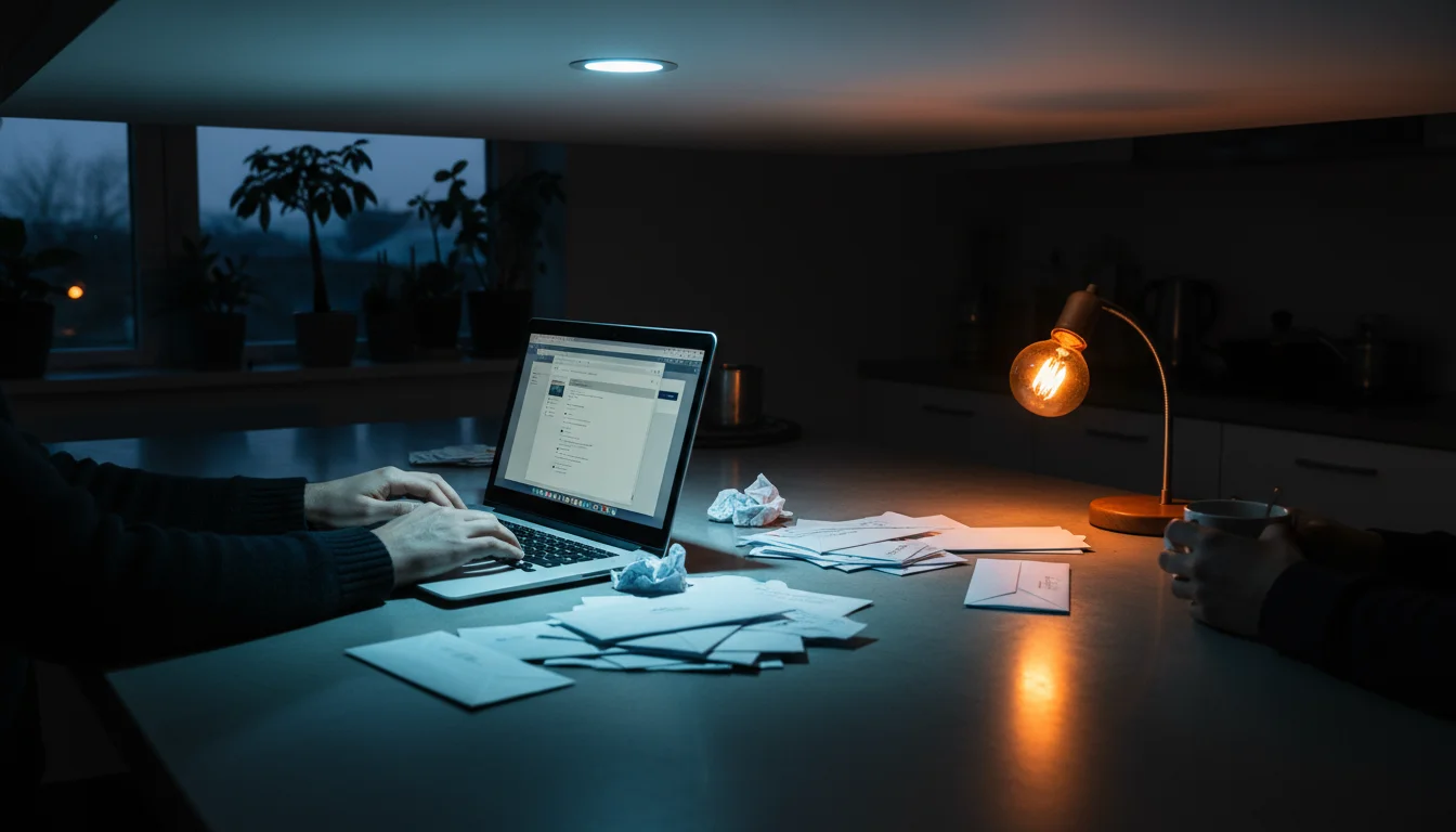 Kitchen island at dusk with mismatched lighting: harsh cool-white overhead light clashes with an overly warm table lamp, creating an uninviting space.