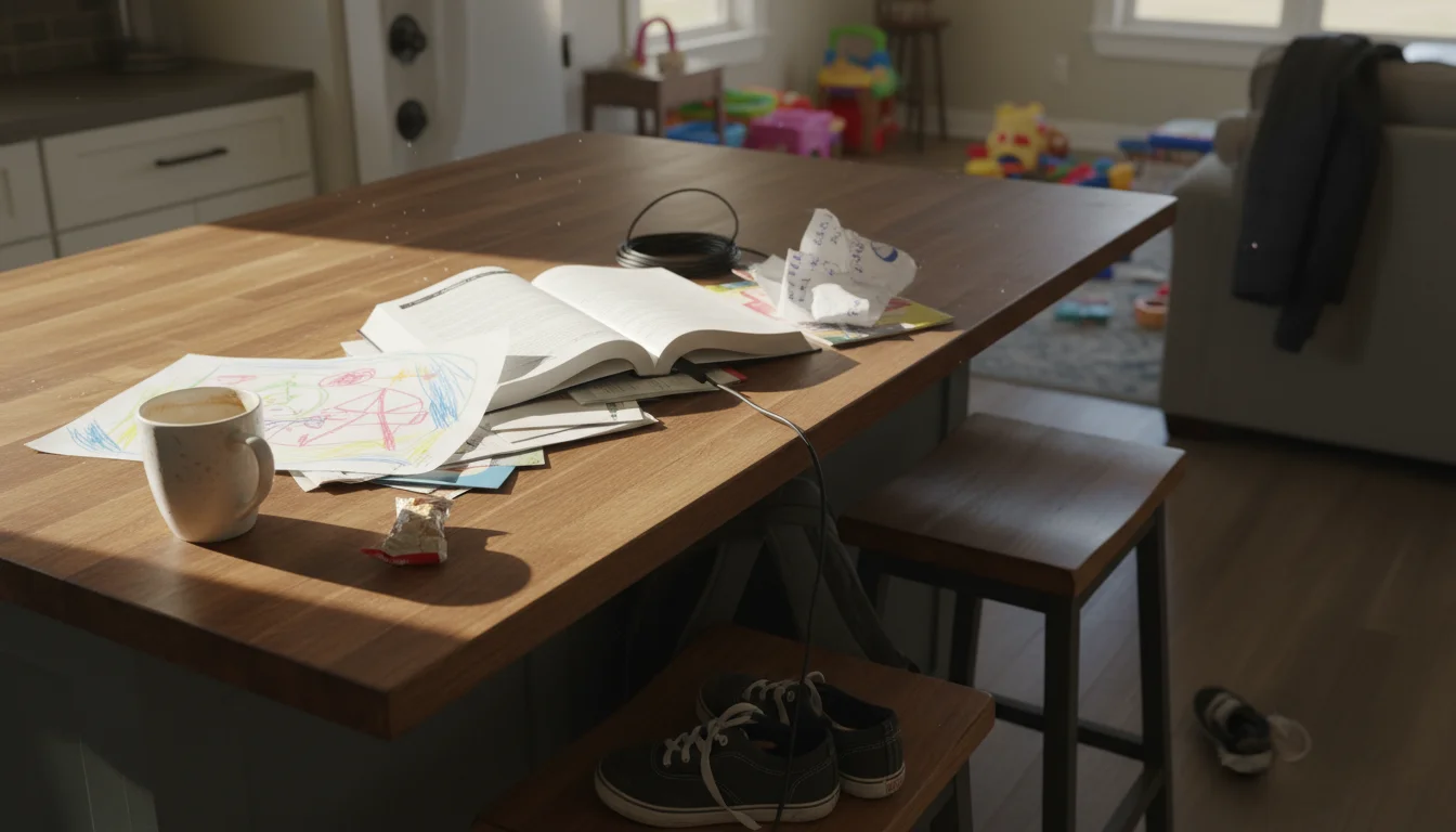 A kitchen island surface showing a half-finished coffee cup, a child's drawing, a textbook, mail, and a laptop charger, illustrating a busy home.