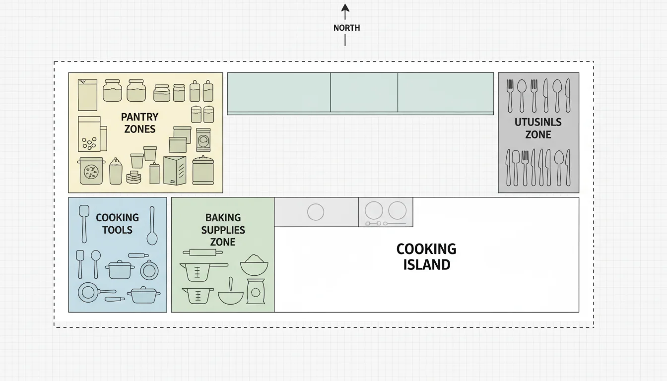 Kitchen organization diagram showing designated zones for cooking tools, baking supplies, and pantry staples.