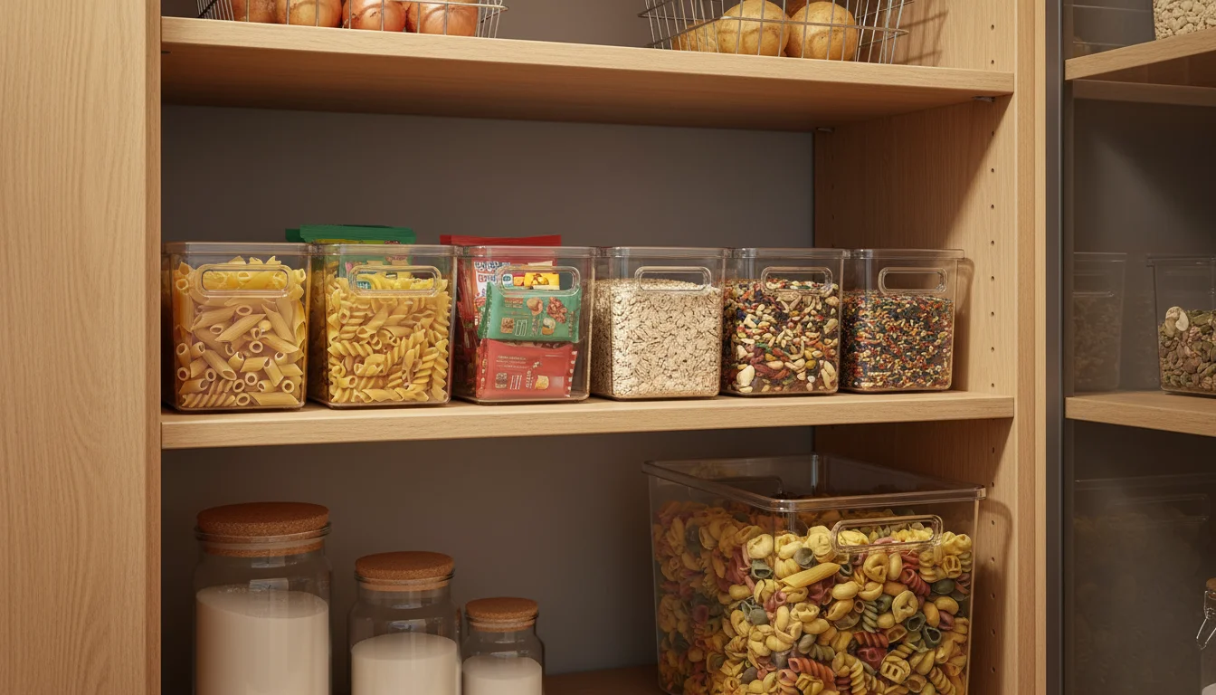 Eye-level view of a kitchen pantry shelf featuring clear bins with visible dry goods and a fabric bin holding neatly folded towels.