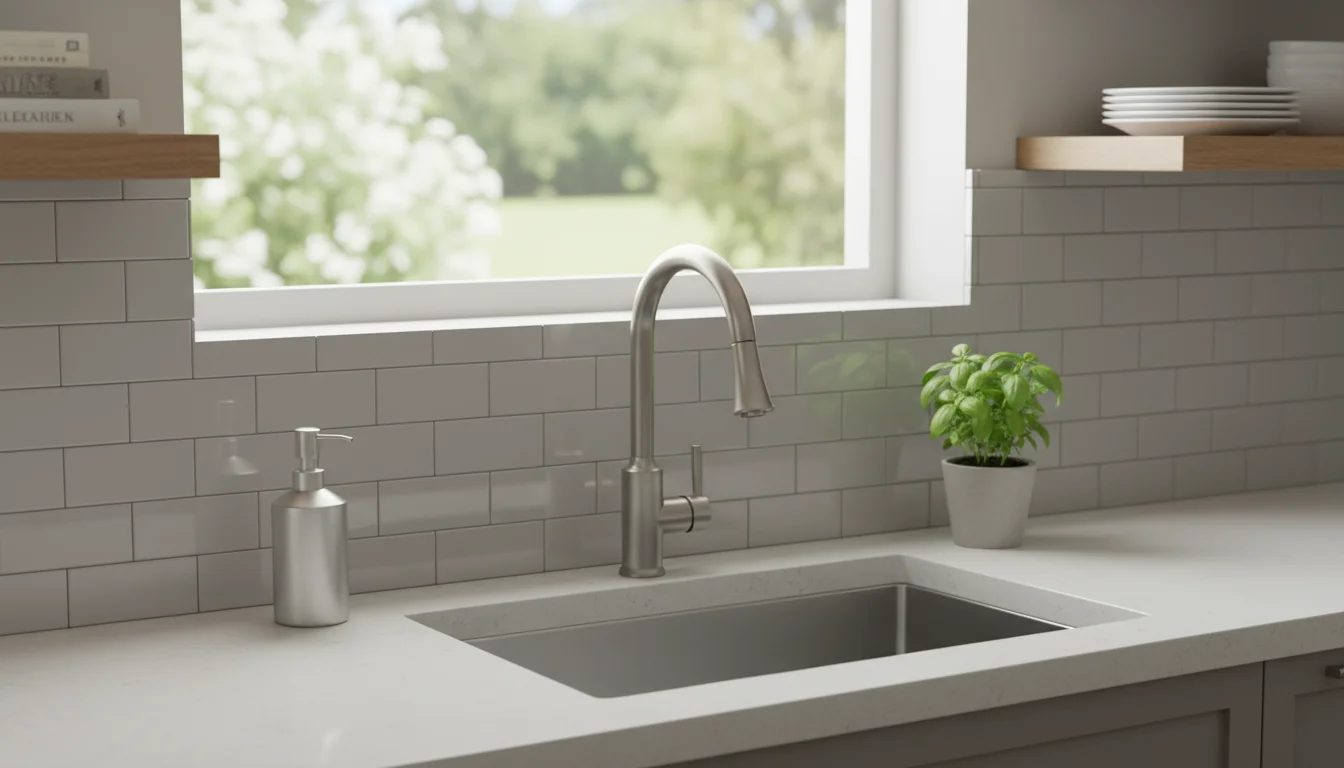 Close-up of a kitchen sink area with a new light gray glossy gel tile backsplash, soap dispenser, and potted herb on the counter.