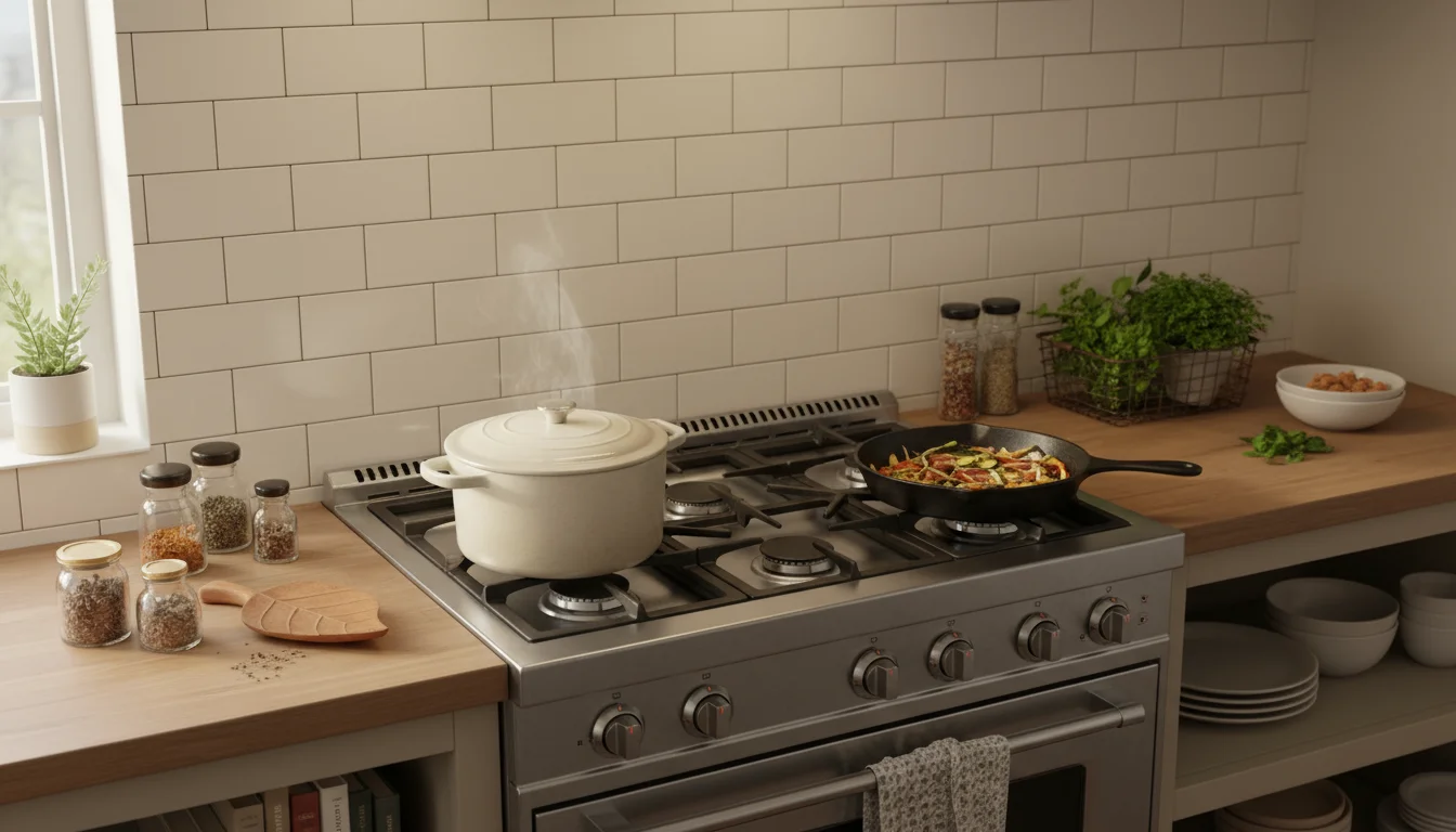 Kitchen stovetop with light peel and stick subway tiles showing faint steam and a water droplet, looking perfectly adhered.