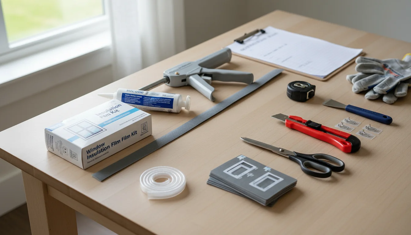 An overhead view of a kitchen table displaying caulk, caulking gun, weatherstripping, window film kit, a fabric draft stopper, outlet gaskets, and pip