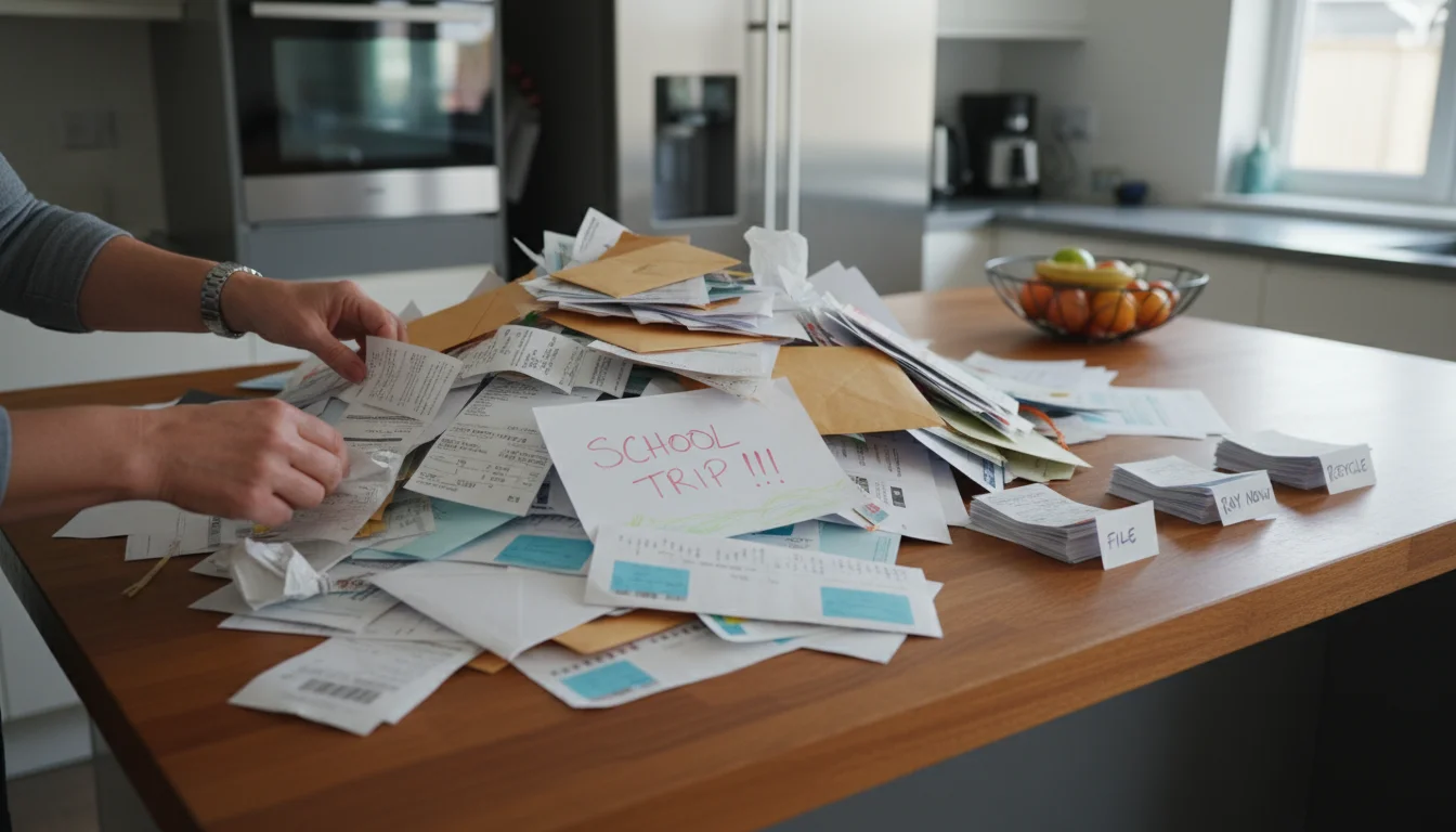 Overhead shot of a kitchen table covered in a large, messy paper pile. Hands sort papers into four smaller piles: Keep, Shred, Recycle, Action.
